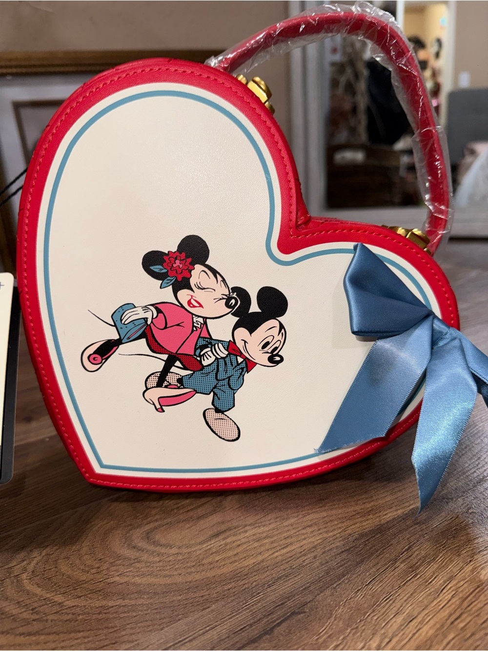 NWT- Macy’s x Disney Heart-Shaped Red and White Women's Handbag with Blue Bow